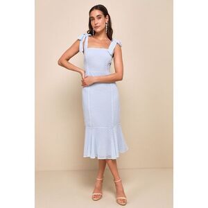 Lulus Bimini Periwinkle Blue Swiss Dot Tie-strap Midi Dress - Size M